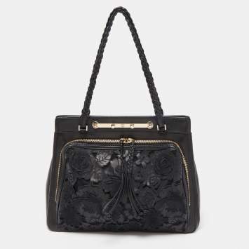 Pre Owned Valentino Black Leather and Lace Lace Demetra Tote