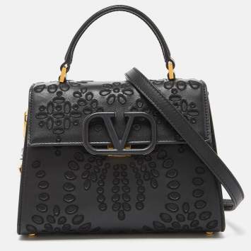 Pre Owned Valentino Black Leather VLogo Top Handle Bag