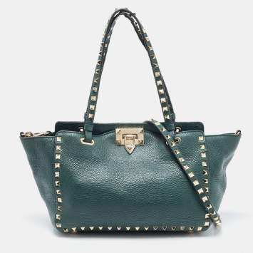 Pre Owned Valentino Green Leather Small Rockstud Trapeze Tote