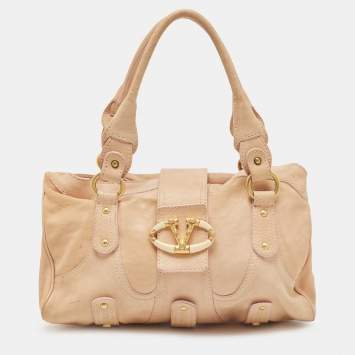Pre Owned Valentino Peach Leather Crystals Embellished Catch Satchel