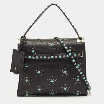 Pre Owned Valentino Black Leather Medium My Rockstud Rolling Top Handle Bag