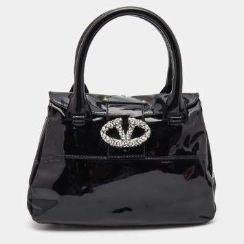 Pre Owned Valentino Black Patent Leather Crystals Catch Satchel