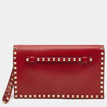 Pre Owned Valentino Red Leather Rockstud Wristlet Clutch