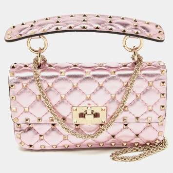 Pre Owned Valentino Metallic Pink Quilted Leather Small Rockstud Spike Top Handle Bag