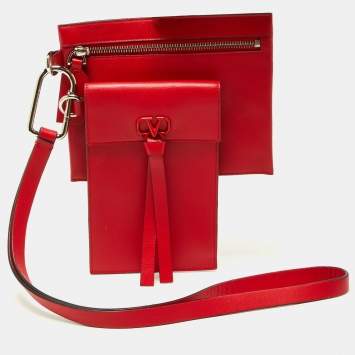Pre Owned Valentino Red Leather VRing Double Wristlet Pouch