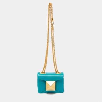 Pre Owned Valentino Teal Blue Leather Micro One Stud Crossbody Bag