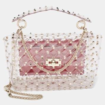 Pre Owned Valentino Clear/Red PVC Medium Rockstud Spike Top Handle Bag