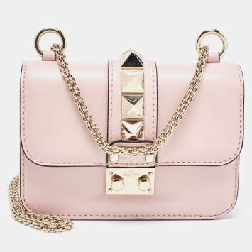 Pre Owned Valentino Light Pink Leather Mini Rockstud Glam Lock Flap Bag