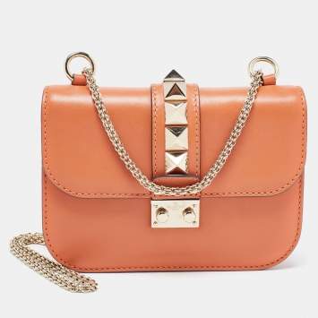 Pre Owned Valentino Tan Leather Small Rockstud Glam Lock Flap Bag