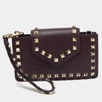 Pre Owned Valentino Dark Purple Leather Rockstud Phone Case Chain Bag