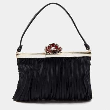 Pre Owned Valentino Black Satin Flower Clasp Frame Clutch