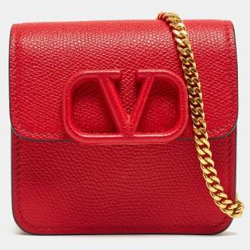Pre Owned Valentino Red Grained Leather VLogo Compact Wallet On Chain