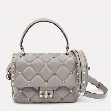 Pre Owned Valentino Grey Quilted Leather Medium Candystud Top Handle Bag