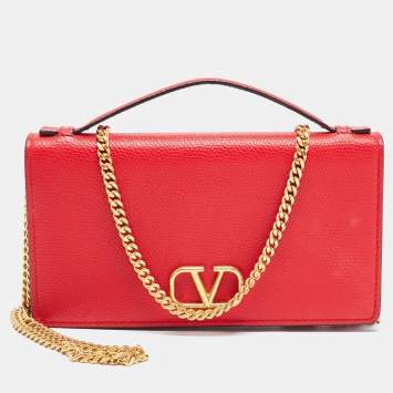Pre Owned Valentino Red Leather VLogo Chain Wallet