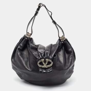Pre Owned Valentino Black Leather VLogo Crystals Embellished Hobo