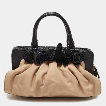 Pre Owned Valentino Beige/Black Leather and Watersnake Lacca Fleur Frame Satchel