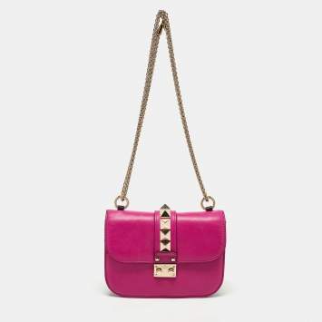 Pre Owned Valentino Pink Leather Small Rockstud Glam Lock Flap Bag
