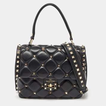 Pre Owned Valentino Black Quilted Leather Medium Candystud Top Handle Bag