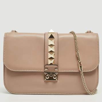 Pre Owned Valentino Old Rose Leather Medium Rockstud Glam Lock Flap Bag