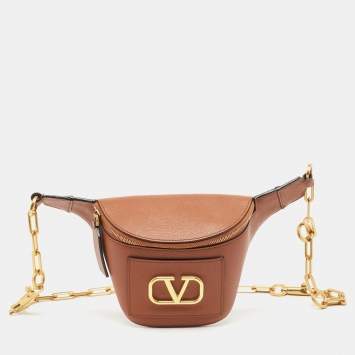 Pre Owned Valentino Brown Leather VLogo Chain Belt Bag