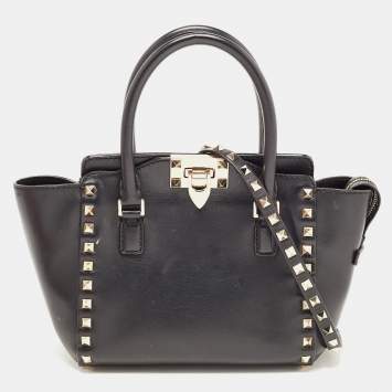 Pre Owned Valentino Black Leather Mini Rockstud Trapeze Tote