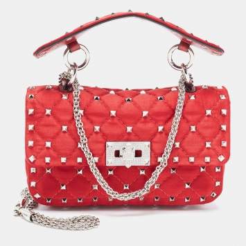 Pre Owned Valentino Red Quilted Satin Small Rockstud Spike Chain Bag