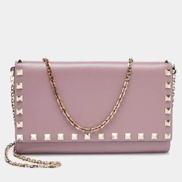 Pre Owned Valentino Purple Leather Rockstud Flap Chain Clutch