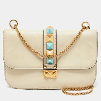 Pre Owned Valentino Cream Leather Medium Rockstud Glam Lock Flap Bag