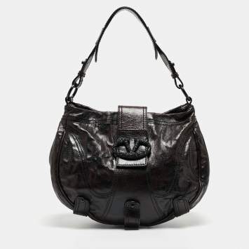 Pre Owned Valentino Black Leather Crystals Embellished Catch Hobo