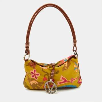 Pre Owned Valentino Multicolor Print Satin and Leather Baguette Bag