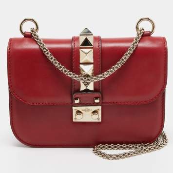 Pre Owned Valentino Red Leather Small Rockstud Glam Lock Flap Bag