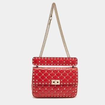 Pre Owned Valentino Red Quilted Leather Medium Rockstud Spike Shoulder Bag