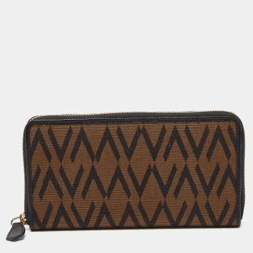Pre Owned Valentino Brown/Black Canvas and Leather Zip Around Wallet