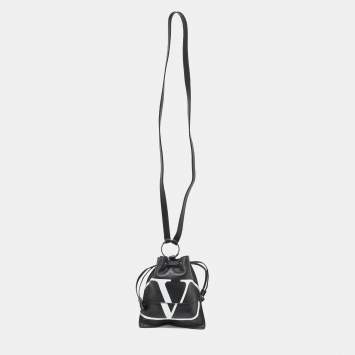 Pre Owned Valentino Black Leather VLogo Drawstring Pouch Bag