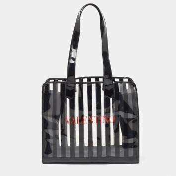 Pre Owned Valentino Black/Clear PVC and Patent Leather Striped Tote