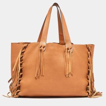 Pre Owned Valentino Brown Pebbled Leather Fringe C-Rockee Tote