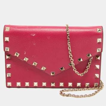 Pre Owned Valentino Pink Leather Rockstud Envelope Wallet on Chain