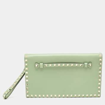 Pre Owned Valentino Lime Green Leather Rockstud Wristlet Clutch