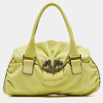 Pre Owned Valentino Lime Yellow Leather Crystal Embellished Catch Satchel