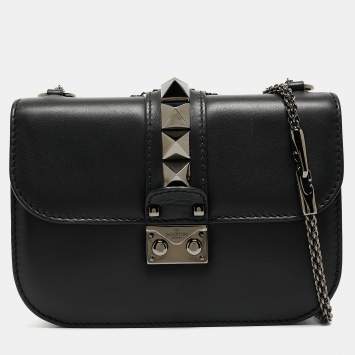 Pre Owned Valentino Black Leather Small Rockstud Glam Lock Flap Bag