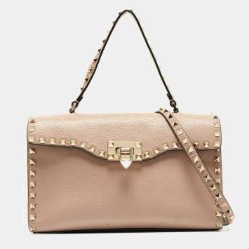 Pre Owned Valentino Old Rose Leather Rockstud Top Handle Bag