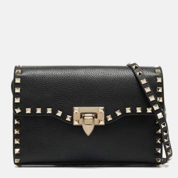 Pre Owned Valentino Black Leather Rockstud Flap Crossbody Bag