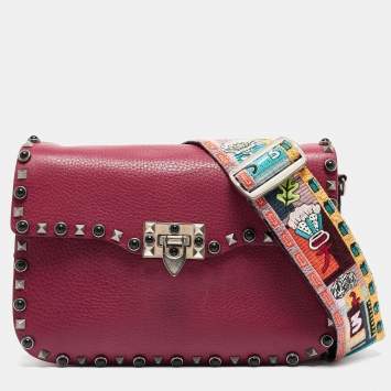 Pre Owned Valentino Magenta Leather Guitar Rolling Rockstud Shoulder Bag