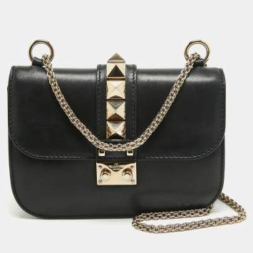 Pre Owned Valentino Black Leather Small Rockstud Glam Lock Flap Bag
