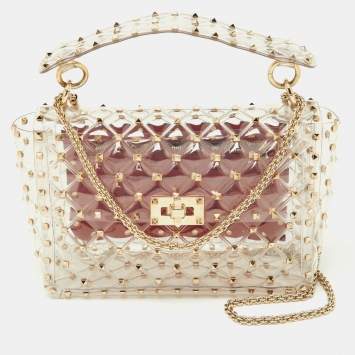 Pre Owned Valentino Transparent /Red PVC Medium Rockstud Spike Top Handle Bag
