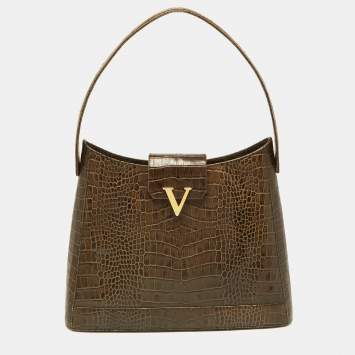 Pre Owned Valentino Olive Green Croc Embossed Leather Hobo