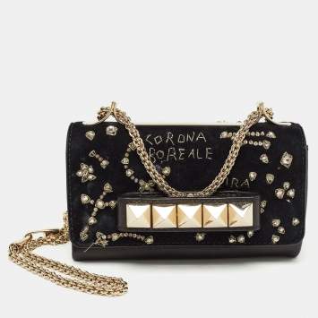 Pre Owned Valentino Black Leather and Suede Embroidery Va Va Voom Chain Shoulder Bag