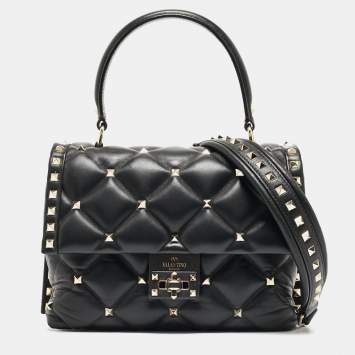 Pre Owned Valentino Black Quilted Leather Medium Candystud Top Handle Bag