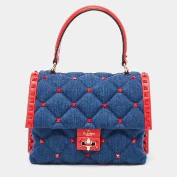 Pre Owned Valentino Blue/Red Denim and Leather Candystud Top Handle Bag