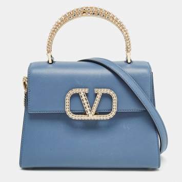 Pre Owned Valentino Light Blue Leather Small Jewel Embellished VSling Top Handle Bag